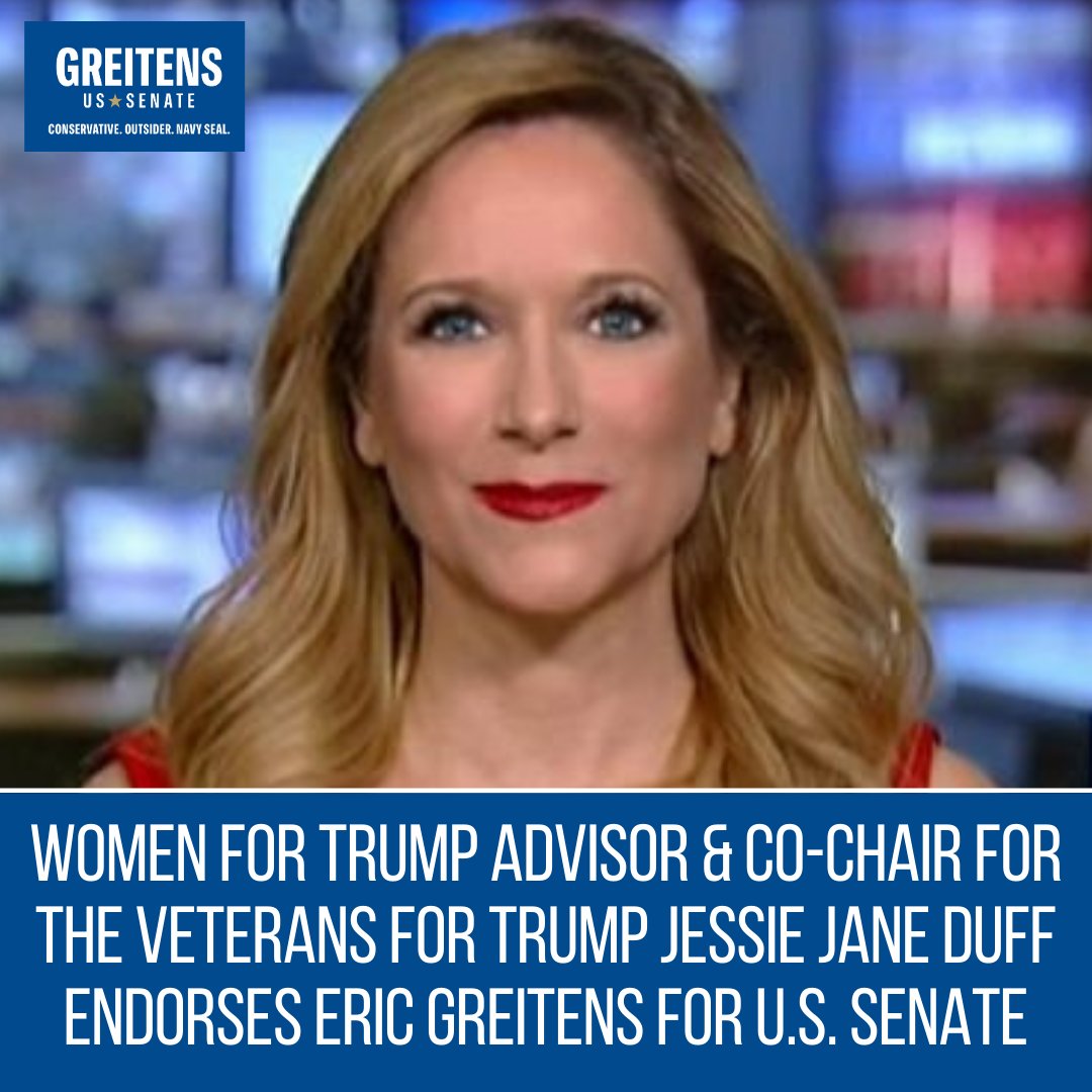 EricGreitens's tweet photo. BREAKING: Women for Trump Advisory Board member and Veterans for Trump Co-Chair @JessieJaneDuff endorses former Missouri Governor &amp; Navy SEAL Eric Greitens for the U.S. Senate. https://t.co/DG9gSgyC7z
