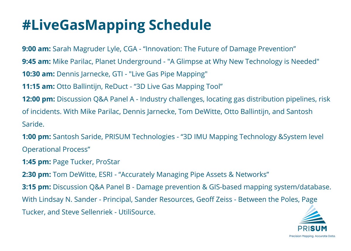 PRISUM_tech's tweet photo. Here is the full schedule of the #LiveGasMapping virtual conference happening today! Register for FREE now >>> https://t.co/LOlLOCKheP
Featuring @Esri @GasTechnology @PlanetU_TV @ProStar_Geocorp @CGAConnect @gzeiss and more!
#mapping #infrastructure #utilities #webinar #gas https://t.co/usIUpW6fSF