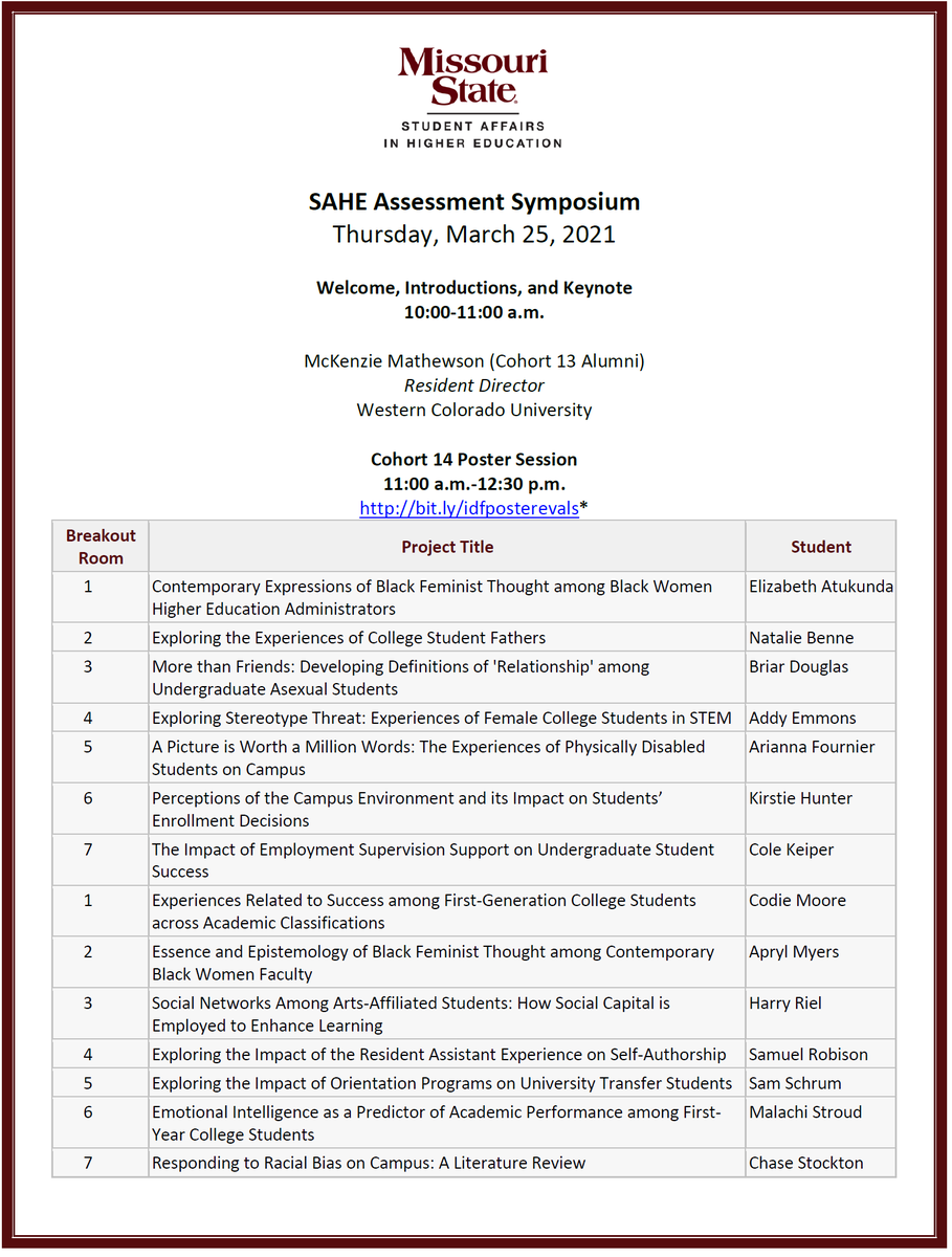 msu_studentaffa's tweet photo. The @MOStateSAHE Assessment Symposium is taking place today, virtually. Please join us via Zoom at https://t.co/uXWjeZngh8 (be sure you have installed that latest Zoom update prior to the event). https://t.co/eCzjYdhFas