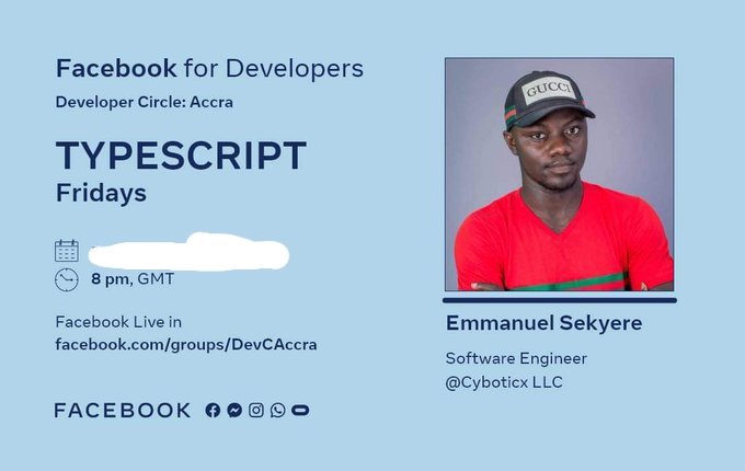 DevCAccra's tweet photo. Join us at 8pm today for Week 2 of our #TypescriptFridays series with Emmanuel Sekyere (@wesscoby) for yet another riveting lesson into the world of #Typescript at #devcaccra. https://t.co/X68GlnbsqA
If you missed last week's session, watch playback here: https://t.co/eUXStJTx9V