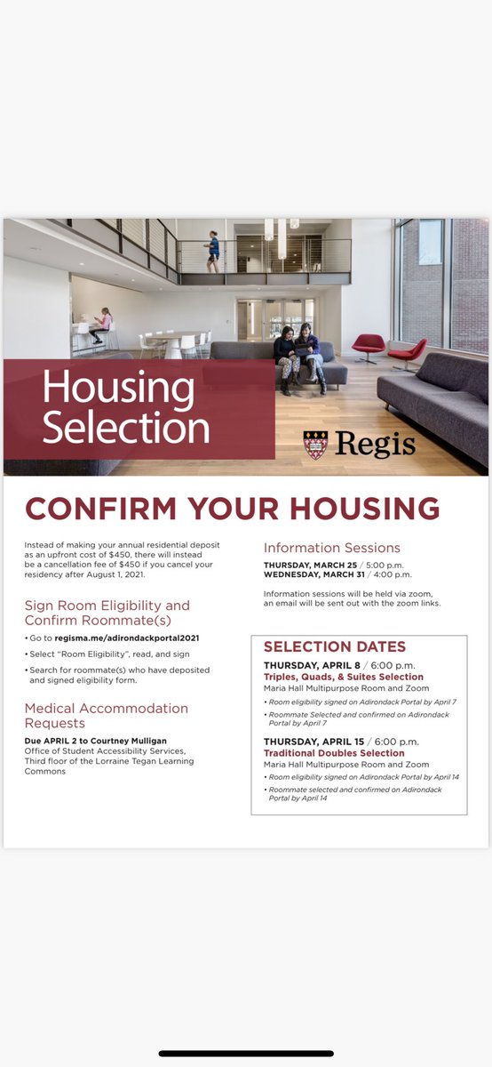 RegisMA_ResLife's tweet photo. Get excited for housing selection! Check the Adirondack Portal to start filling out your housing contact. Stop by Res Life if you have any questions. #housingselection #reslife #getexcited https://t.co/zlSbrJcTnS
