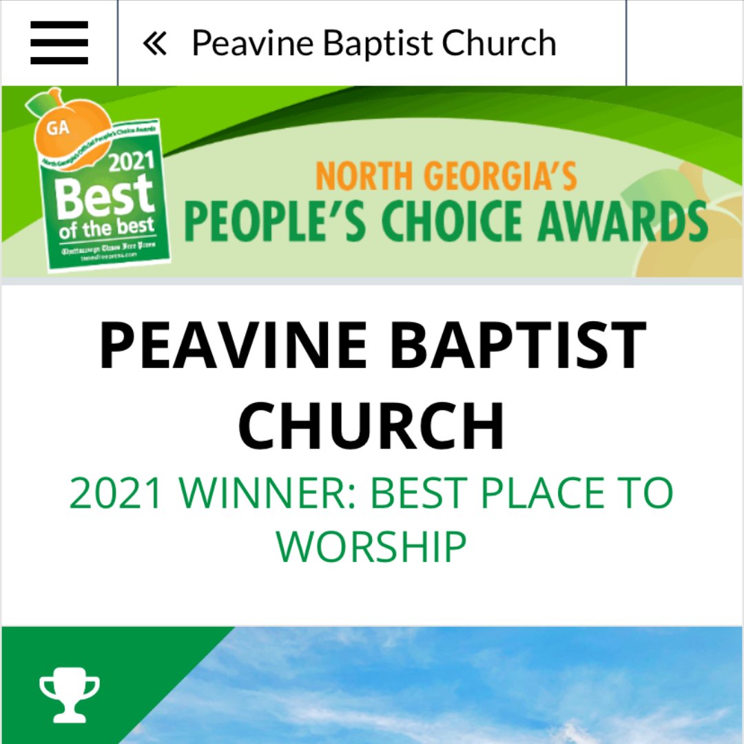 PeavineBaptist's tweet photo. Thank you, Peavine City, for voting Peavine as the “Best Place to Worship” by Chattanooga Times Free Press “Best of the Best!" We love getting to worship with you each and every week! What do you love BEST about Peavine? Don't forget to invite someone to join you this Sunday! https://t.co/4BD1WAhhpv