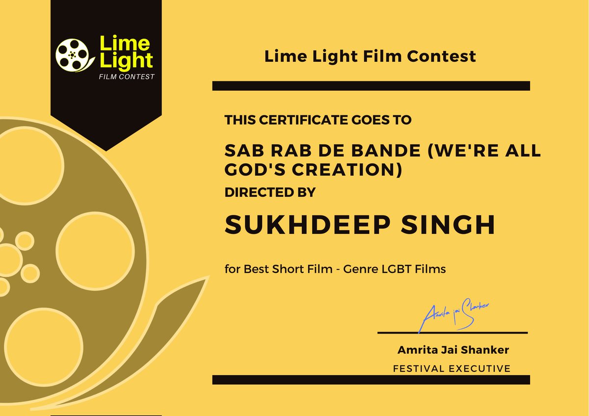 SabRabDeBande's tweet photo. Absolutely thrilled and ecstatic that #SabRabDeBande , the 1st documentary on #Sikhism and #Homosexuality, was awarded the Best #ShortFilm (LGBT Genre) at the recently concluded #LimeLightFilmContest.
#FilmFestival #Award #SikhDocumentary #GaySikhs #QueerSikh https://t.co/4hmURRfzeP