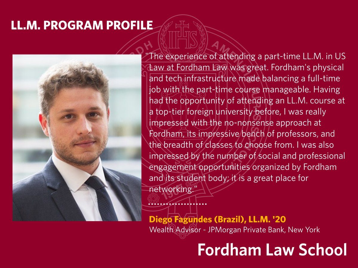 FordhamLawINTL's tweet photo. #LLM Program Profile - Diego Fagundes (Brazil), LL.M. '20
Wealth Advisor - JPMorgan Private Bank, New York
#FordhamLaw #LLMAlumni https://t.co/xVGvMuPciB