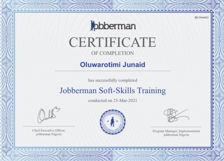 Timitrips's tweet image. Done With My @Jobbermandotcom Soft-Skills Training, Here’s My Certificate 😀 #jobbermanSoftskill Thank You 🙏🏾