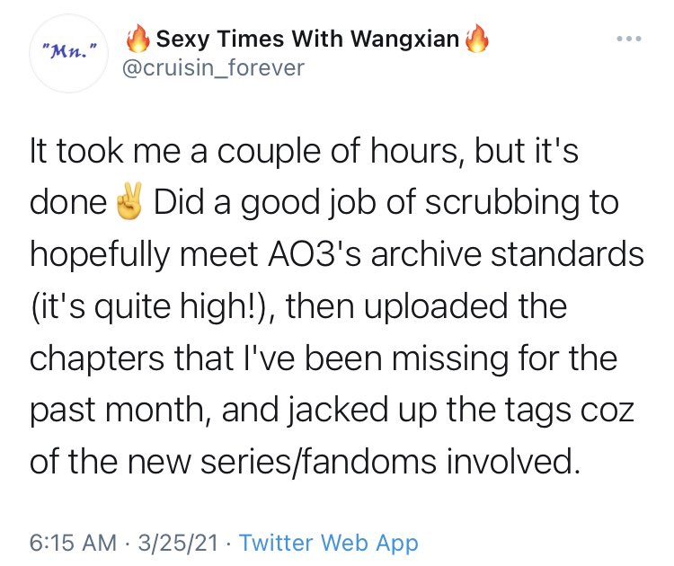 i’m super unclear on what’s happening here bc this is a tweet from this morning referencing stuff that was uploaded 24 hours ago and i’m unclear on what the reference to archive standards means/if that’s tied to the fic not being available/if she KNOWS the fic isn’t available