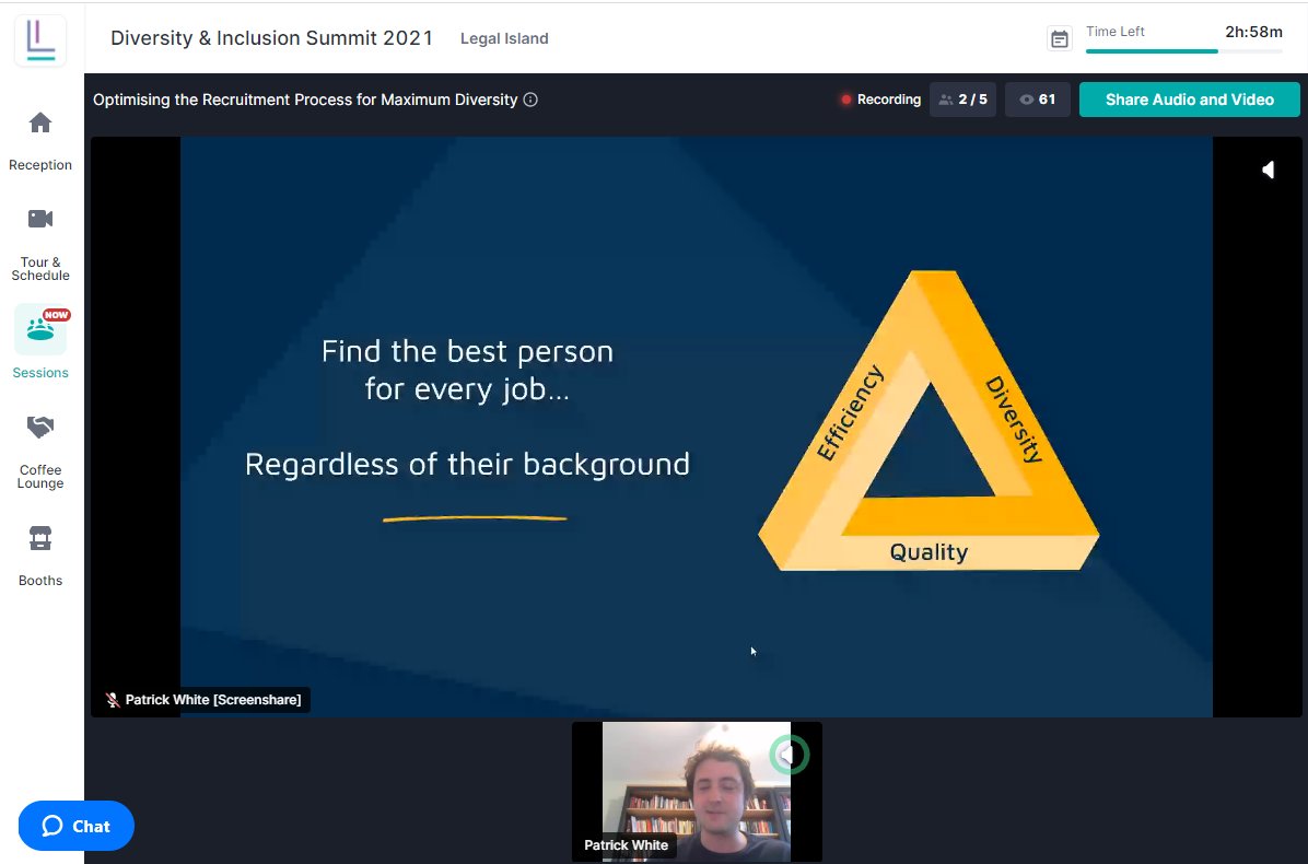legalisland's tweet photo. And we are back after lunch! In stream 1 we have Patrick White, @AppliedSysUK who is discussing optimising the recruitment process for maximum diversity🌈🧾

#DiversityInclusionSummit https://t.co/EIOCKg7XcY