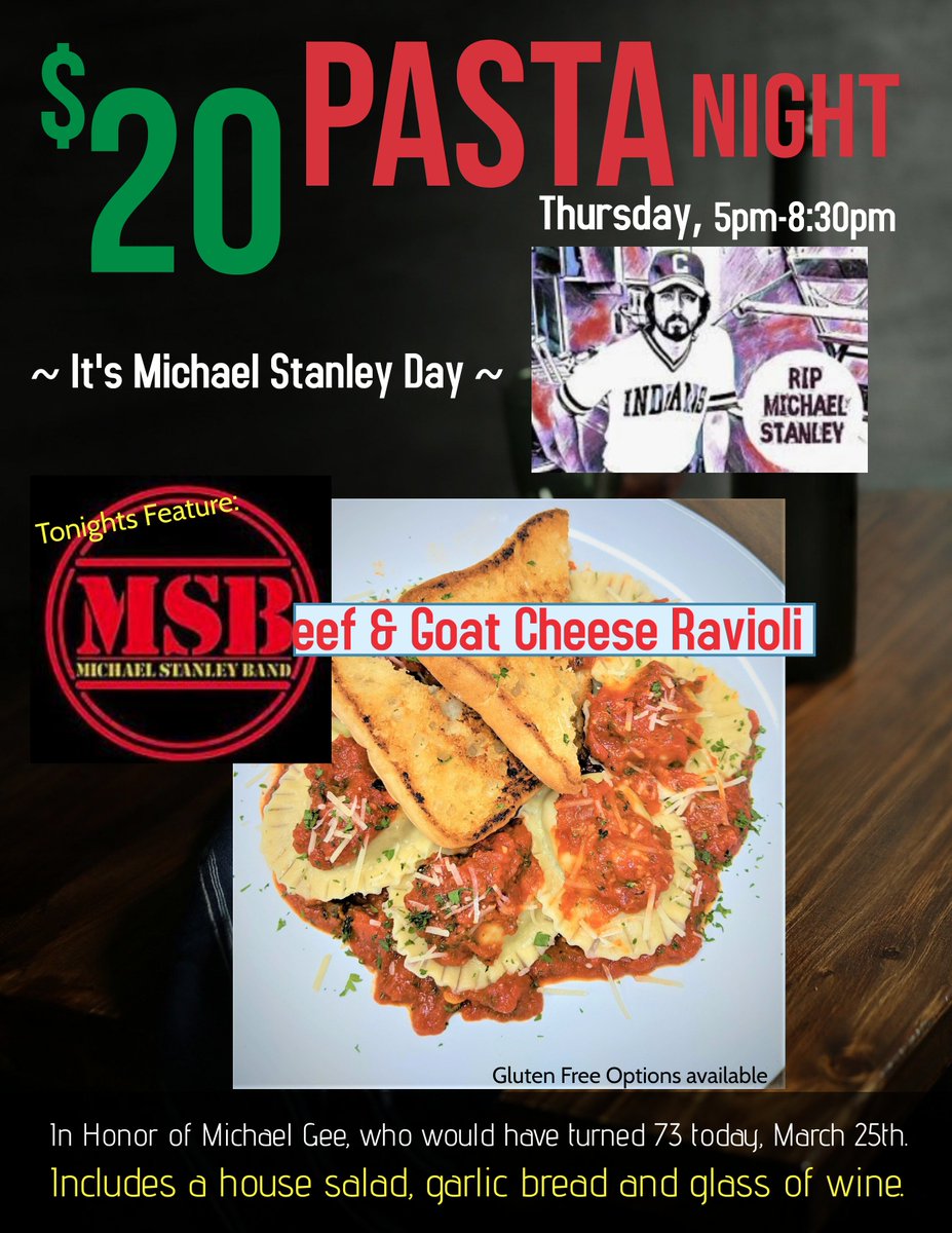 Enjoy Chef Ray's housemade "MSB"eef Ravioli!  Stuffed with shredded beef and goat cheese, topped with our delicious marinara.  Served with a house salad, garlic bread and a glass of wine.  Serving tonight at EYC, 5pm-8:30pm.