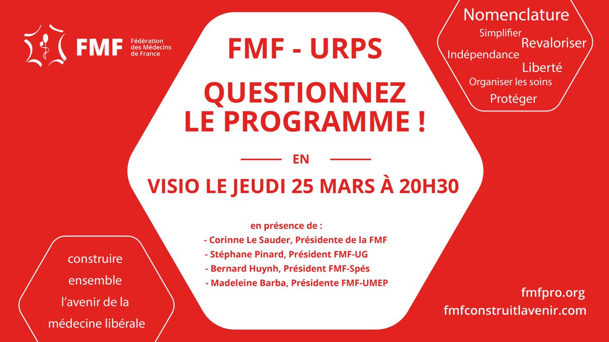 FMFofficiel's tweet photo. Ce soir à 20h30, questionnez le programme #URPS2021 #FMF2021 

Venez poser toutes vos questions à Corinne Le Sauder, Présidente de la FMF et aux Présidents des branches Généralistes #FMFUG, Spécialistes @FMFSpecialistes et #FMFUMEP.

👉https://t.co/0xDh0e2J8N👈

#MédecineLibérale https://t.co/GLWTTzGZ3a