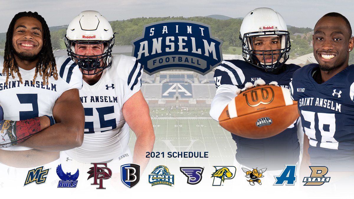 The @STAHawksFB team and @CoachJoeAdam revealed the 2021 football schedule on Thursday; check out the full list of contests here: saintanselmhawks.com/news/2021/3/25… #HawksSoarHigher #NE10EMBRACE40