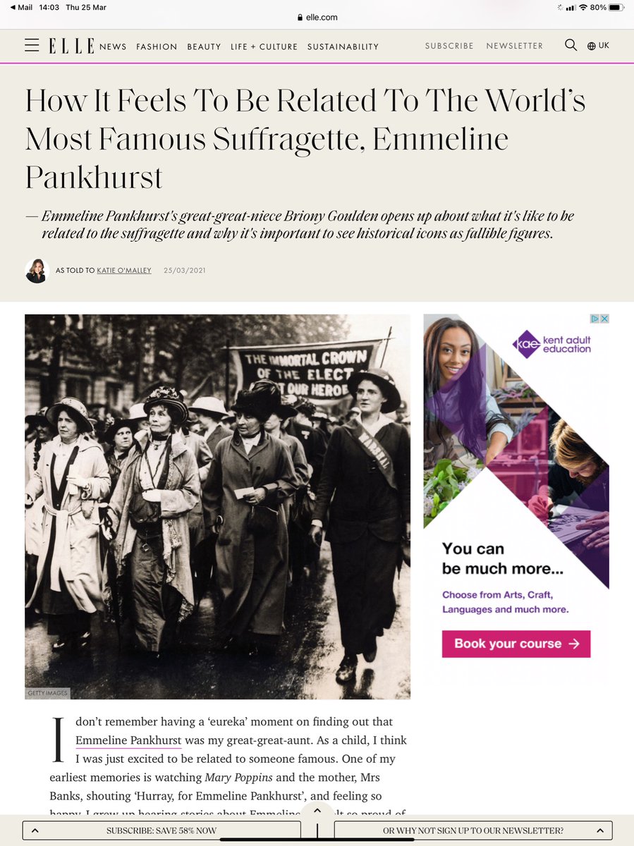 Great piece in Elle magazine online by @KatieOMalley_ who interviewed our trustee Briony Goulden about how it feels to be related to Emmeline Pankhurst and Mary Clarke, the forgotten sister who was the first to die for women’s right to vote.

elle.com/uk/life-and-cu…