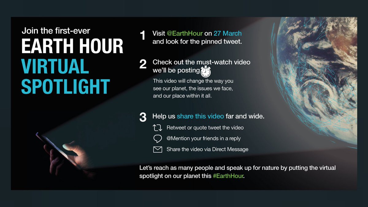 For years, our lights-off moment transformed entire skylines. Now, we invite you to transform the Twitter feeds of millions around the world by joining our first-ever #EarthHour Virtual Spotlight.📱💡 earthhour.org/take-part/virt…