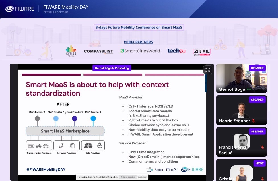FIWARE's tweet photo. Learn more about #SmartMaaS! Its main goal is the development of a standards-based, open, modular, and easy to extend platform [not only] for #mobility services. Gernot Böge (Software Architect, #FIWARE) presents the project.  

#FIWAREMobilityDAY https://t.co/ZvUtxzV4PD https://t.co/lfNFFbQAaf