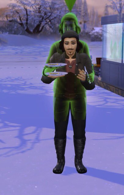 jd_author's tweet photo. #Sims lets me not only create @black_killian but allows for meta moments like this. He didn't become a ghost eating in the book, though. https://t.co/nD9X2EmGuj