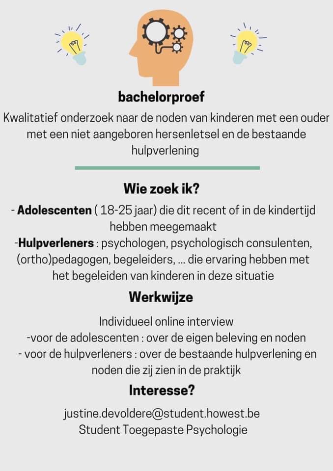 JustineDev_'s tweet photo. Ik ben voor mijn bachelorproef nog steeds op zoek naar jongeren tussen 18&amp;25 jaar die een ouder hebben met een niet- aangeboren hersenletsel en die hun ouder bewust meegemaakt hebben voor en na het ongeval/beroerte. Rt = eeuwige dankbaarheid ❤️ https://t.co/iXRmpzvIqj