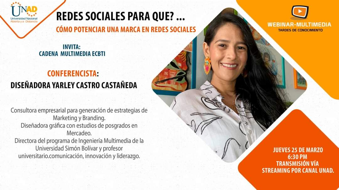 Recuerden que el día de hoy, jueves 25 de marzo a partir de las 6:30 pm, se desarrollará el webinar titulado 📲"REDES SOCIALES PARA QUE? ...Cómo potenciar una marca en redes sociales". 
Transmisión a través de TV UNAD Virtual en Youtube😎  Enlace 👉youtube.com/user/universid…