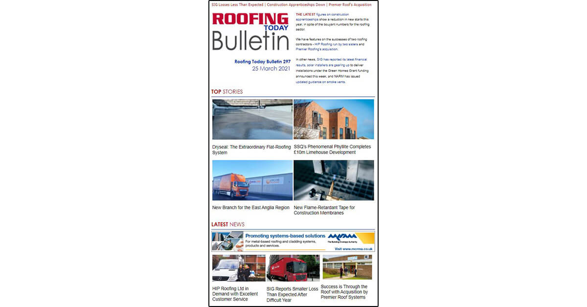 RoofingToday's tweet photo. OUT NOW! Bulletin 297 https://t.co/JWIH1nNzsq @HambDane Dryseal #flatroofing system @SSQSlate Limehouse Development @encon_group new #EastAnglia branch #Walki #membranes tape @SIGRoofing financial results @HIPRoofing @PremierRoofSys @_NARMUK smoke vent guidance++ more #roofing https://t.co/UVrN7KbMR8