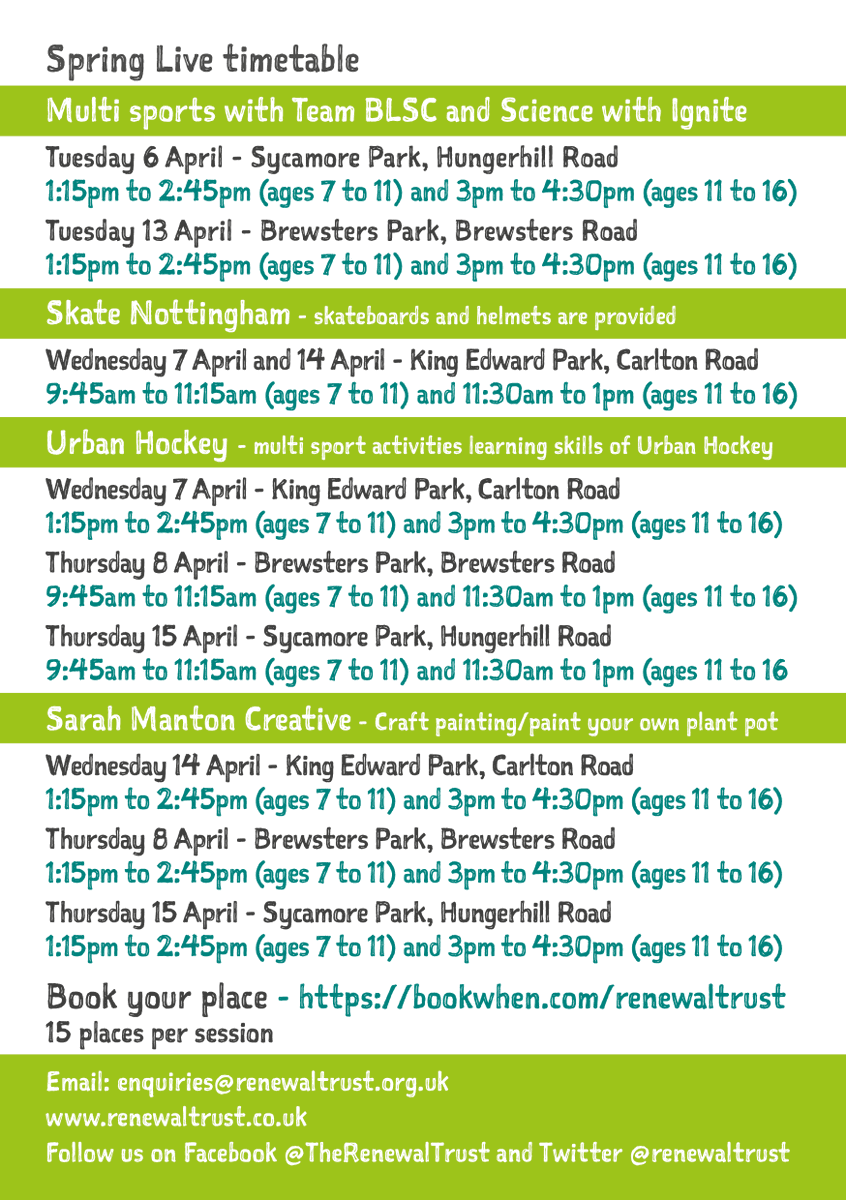 Spring Live - 2 weeks of fun multi-sports, science, skateboarding, hockey & craft painting from 6 April. Free sessions for young people aged 7-16 living in Sneinton, St Ann's & Mapperley (Nottingham City) Book your place here bit.ly/3g0vNgg #springlive #schoolholidayfun