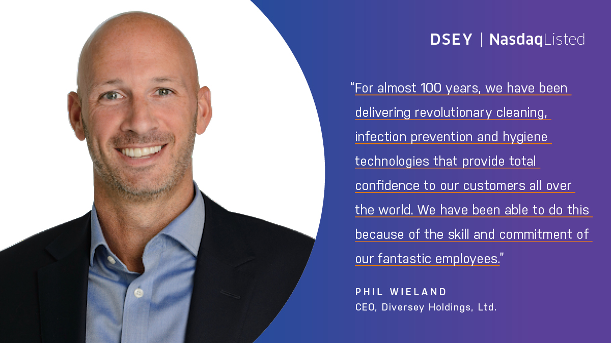 diversey's tweet photo. Phil Wieland, CEO of Diversey Holdings, Ltd. (Nasdaq: DSEY) rang the @Nasdaq opening bell in a virtual ceremony. Thanking all employees, Phil said, "This can only happen due to the skill and commitment of our fantastic employees."
#Diversey #DSEY #CaringProtectingAlways https://t.co/mrSyiyHp7I