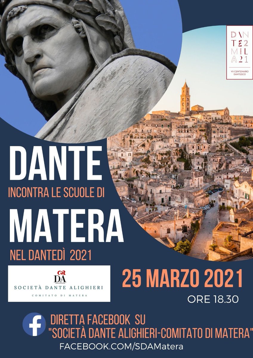 sdamatera's tweet photo. È arrivato il #Dantedì! Appuntamento alle 18.30 sull’account Facebook del Comitato di #Matera della Società #Dante Alighieri per un incontro tra il Sommo Poeta e le scuole della città. Vi aspettiamo a questo link 👉https://t.co/oaxUUH220l 
#Dantedì #dante700 #dante2021 @la_dante https://t.co/2NXBJpTtXP