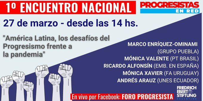 fes_argentina's tweet photo. 📢Grandes líderes latinoamericanos en el 1er. ENCUENTRO NACIONAL de #ProgresistasEnRed! El 27/3 a partir de las 14hs 🇦🇷 debate con @ecuarauz @movalente @ricalfonsin @EsMonicaFA y @marcoporchile. Inscríbete aquí👇
https://t.co/1pprt3nd85 https://t.co/EIzABMhEuM