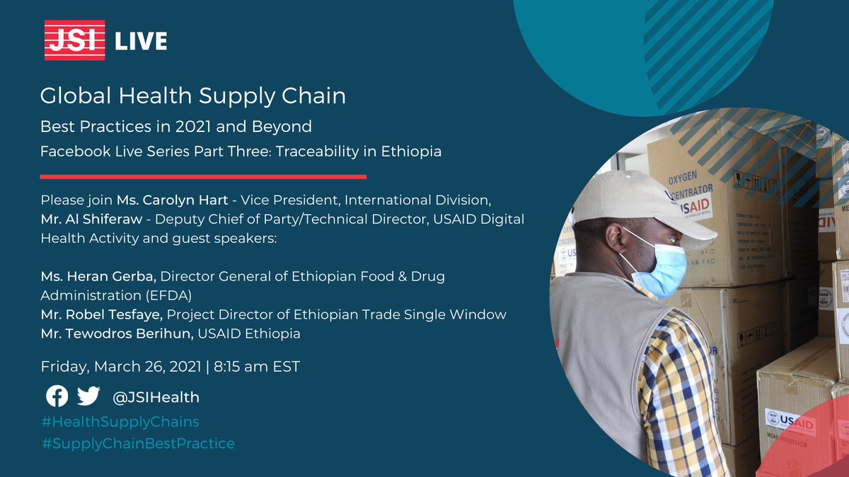 JSIhealth's tweet photo. Tomorrow! Join @JSIhealth's Facebook Live #3 on GHSC Best Practices with Ms. Carolyn Hart, Mr. Al Shiferaw and special guests who will discuss traceability in #Ethiopia tomorrow 3/26 at 8:15 a.m. EST.  #HealthSupplyChains @USAIDEthiopia https://t.co/9xb6qtJSP8