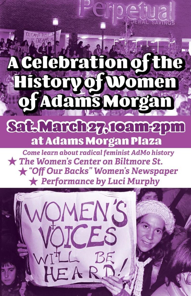 PlazaAdams's tweet photo. Join us this Saturday at #AdamsMorganPlaza for a celebration of the History of Women of #AdamsMorgan! Saturday, March 27 10am-2pm at the plaza in #AdMo! https://t.co/PckYXVUTAY