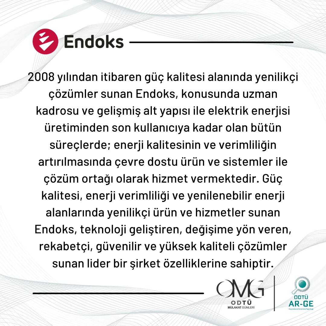 Enerji sektöründen Endoks 17-18 Nisan’da OMG’de!
 
Başvurular çok yakında, takipte kalın!
#odtumulakatgunleri #omg2021
