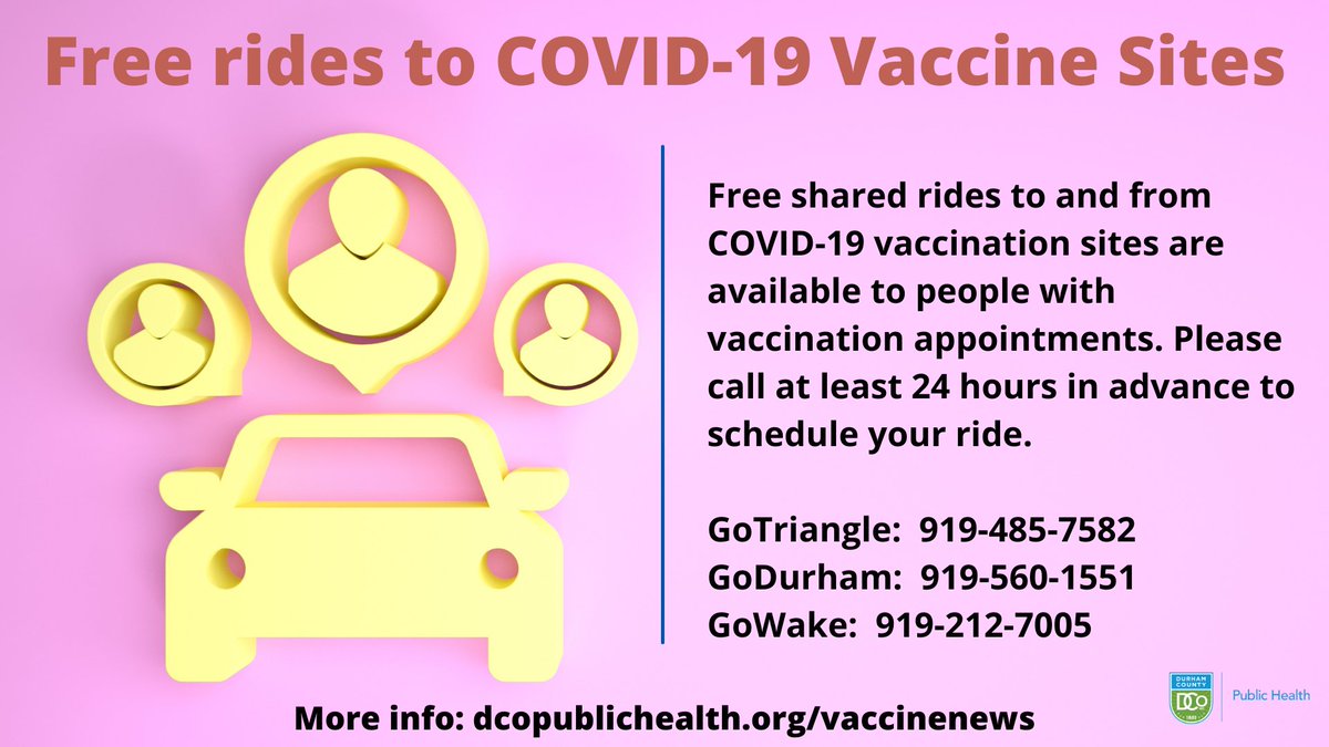 DurhamHealthNC's tweet photo. Did you know? Free rides are available to and from vaccine sites for people with appointments! Call at least 24 hours in advance to schedule your ride:

GoTriangle:  919-485-7582
GoDurham:  919-560-1551
GoWake:  919-212-7005 https://t.co/8npjllEvGX
