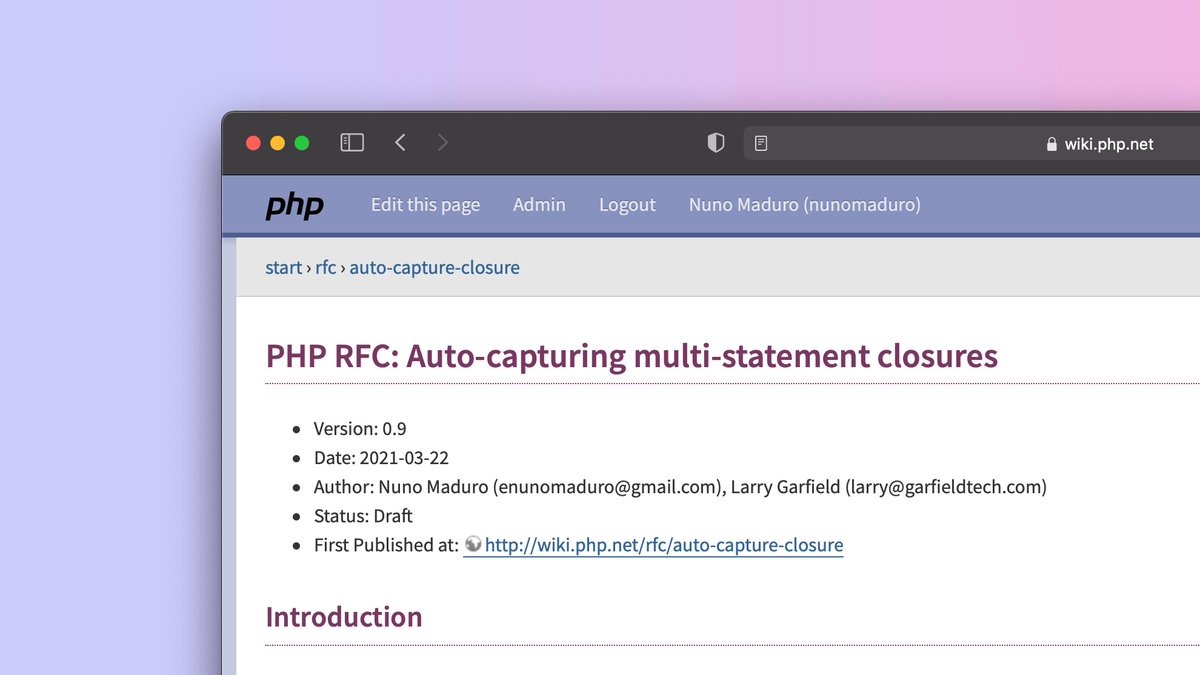 enunomaduro's tweet photo. I've collaborated with @Crell on writing an RFC that adds "Multi-line short closures" to PHP 8.1. 🚀

We expect to adjust the RFC based on feedback and put it to votes any time after two weeks.

📄 RFC: https://t.co/li627i1WMn.
💬 Internals discussion: https://t.co/R1q83TcX6D. https://t.co/RY8W5f2ujo