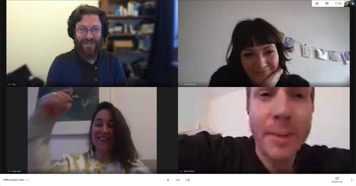 We’re back for a very special one-time-only live stream show TOMORROW night via <a href="/ComedyCB/">Comedy Café Berlin</a> and <a href="/VagabundBeer/">Vagabund Brauerei</a>! Get a ticket + beer pack online here and join us (picture of very serious writer’s room w <a href="/joshwithpowers/">Josh Telson is no longer on here</a> @attawoman <a href="/StuffThusFar/">Amy Jane</a> @telsonia) comedycafeberlin.com/event/piffle-a…