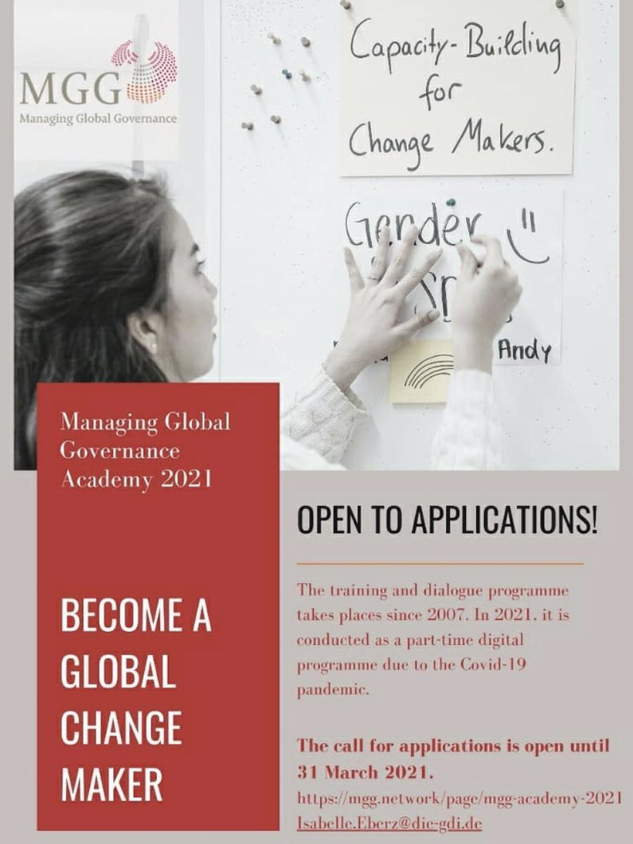 #CallForParticipants MGG Academy is a training dialogue format hosted by the German Development Institute for professionals from 🇧🇷 🇨🇳 🇮🇳 🇮🇩 🇲🇽 🇿🇦  & support the development of change makers who are commited to address global challenges!
#MGGAcademy #DevelopmentCooperation