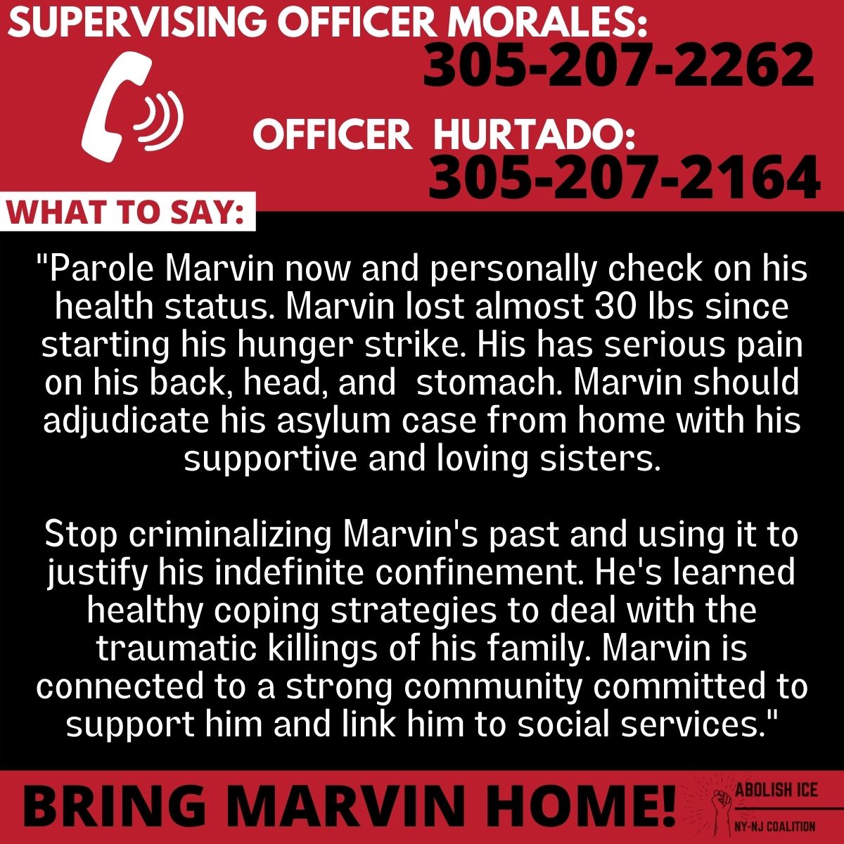 Marvin was moved from Bergen County Jail to an ICE detention center in Miami in the middle of his hunger strike. He should be home with his sisters as he waits to win his his asylum case. Demand that his immigration officers free him now! #AbolishICE #stopthedeportations