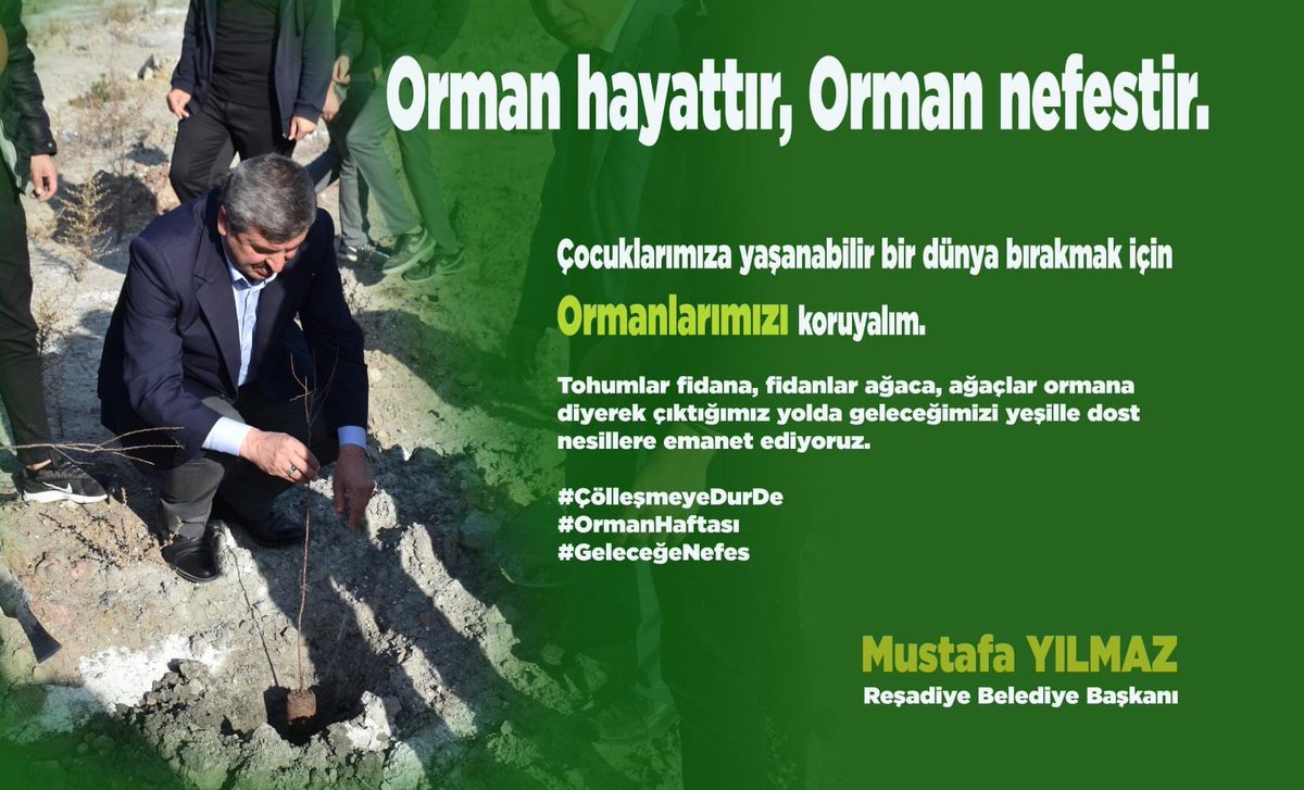 Orman hayattır, Orman nefestir.
Çocuklarımıza yaşanabilir bir dünya bırakmak için 
Ormanlarımızı koruyalım.
Tohumlar fidana, fidanlar ağaca, ağaçlar ormana diyerek çıktığımız yolda geleceğimizi yeşille dost nesillere emanet ediyoruz.
#ÇölleşmeyeDurDe 
#GeleceğeNefes
#OrmanHaftası