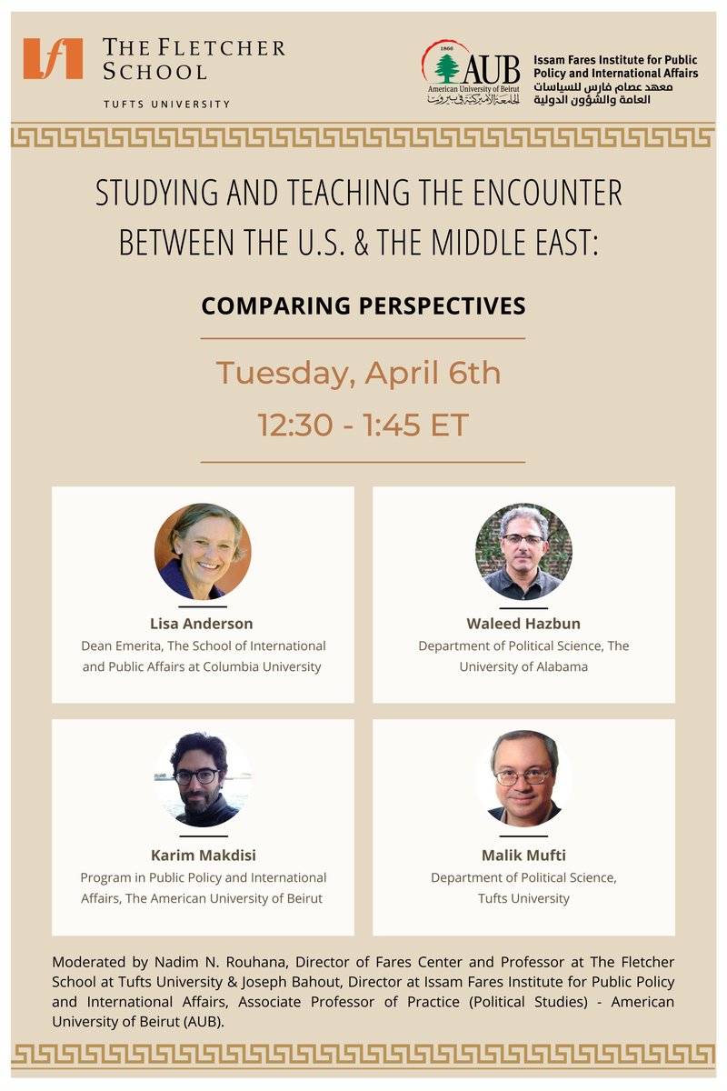 BCARS_Boston's tweet photo. A fantastic event coming up hosted by the @FaresCenter  and @ifi_aub, "Studying and Teaching the Encounter between the U.S. &amp; the Middle East" 
April 6, 12:30 EST via Zoom. Register here: https://t.co/oYH5iVI5yd https://t.co/403im9Uiv9