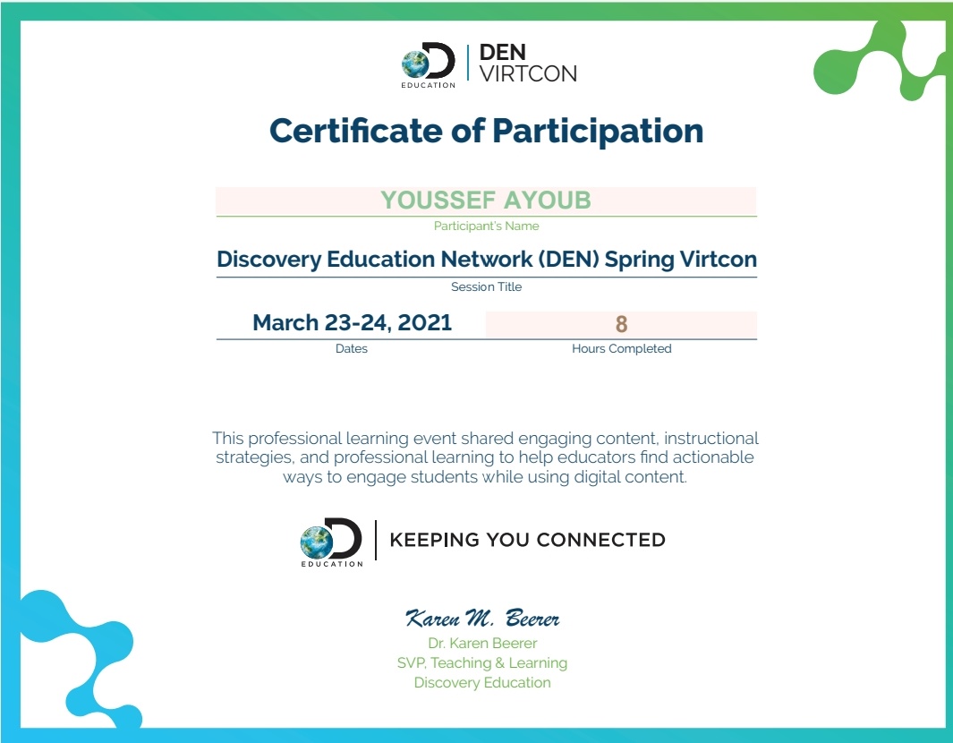 YoussefA_edu's tweet photo. Thank you @DiscoveryEd for the DEN VirtCon: Spring 2021. It was a great occasion for me to build a good digital learning experience. 🌍🙏🎓
#VirtCon21 #DENstar #DENamb https://t.co/zoAHpBfSuf
