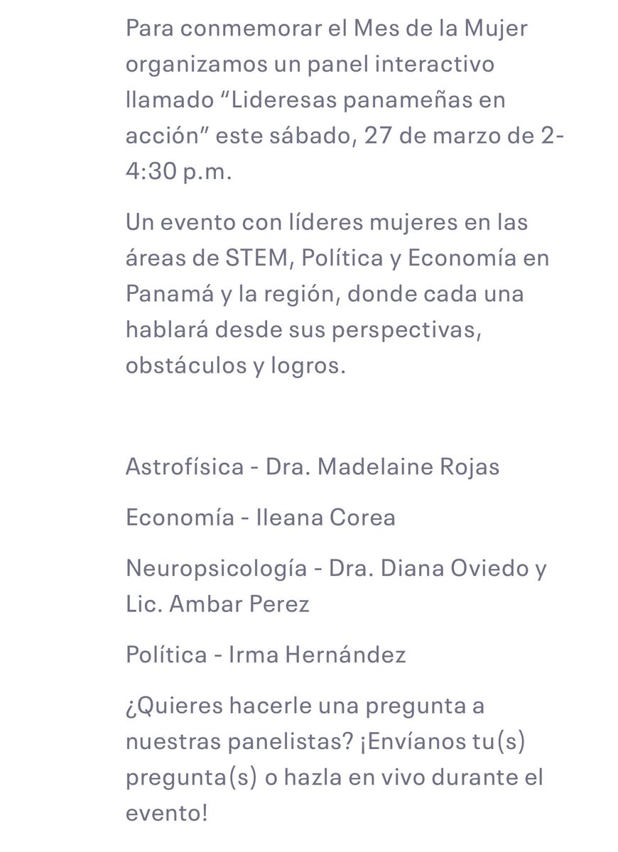 AngelaJimenezRZ's tweet photo. Este sábado 27 de marzo vamos a tener, de 2 a 4:30pm, este panel dedicado a romper el techo de cristal. Contaremos con el aporte de 5 mujeres panameñas que han hecho la diferencia. Estará BUENÍSIMO, no se lo pierdan. ✊🏻✨💜 https://t.co/hXXPL13jIO
