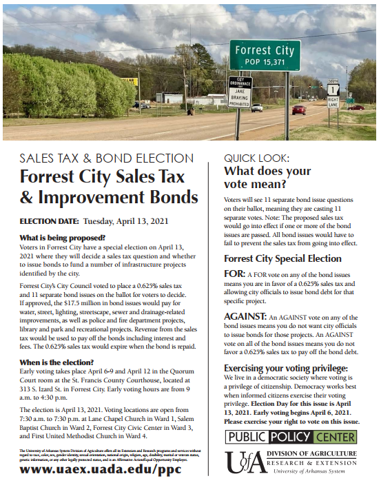 UAEX_PPC's tweet image. Voters in Forrest City have 11 bond issues to decide next month in a special election. Get the details in our fact sheet about the April 13 election: tinyurl.com/5bcmbypb

#ARballot #ForrestCity #Arkansas #ARvotes