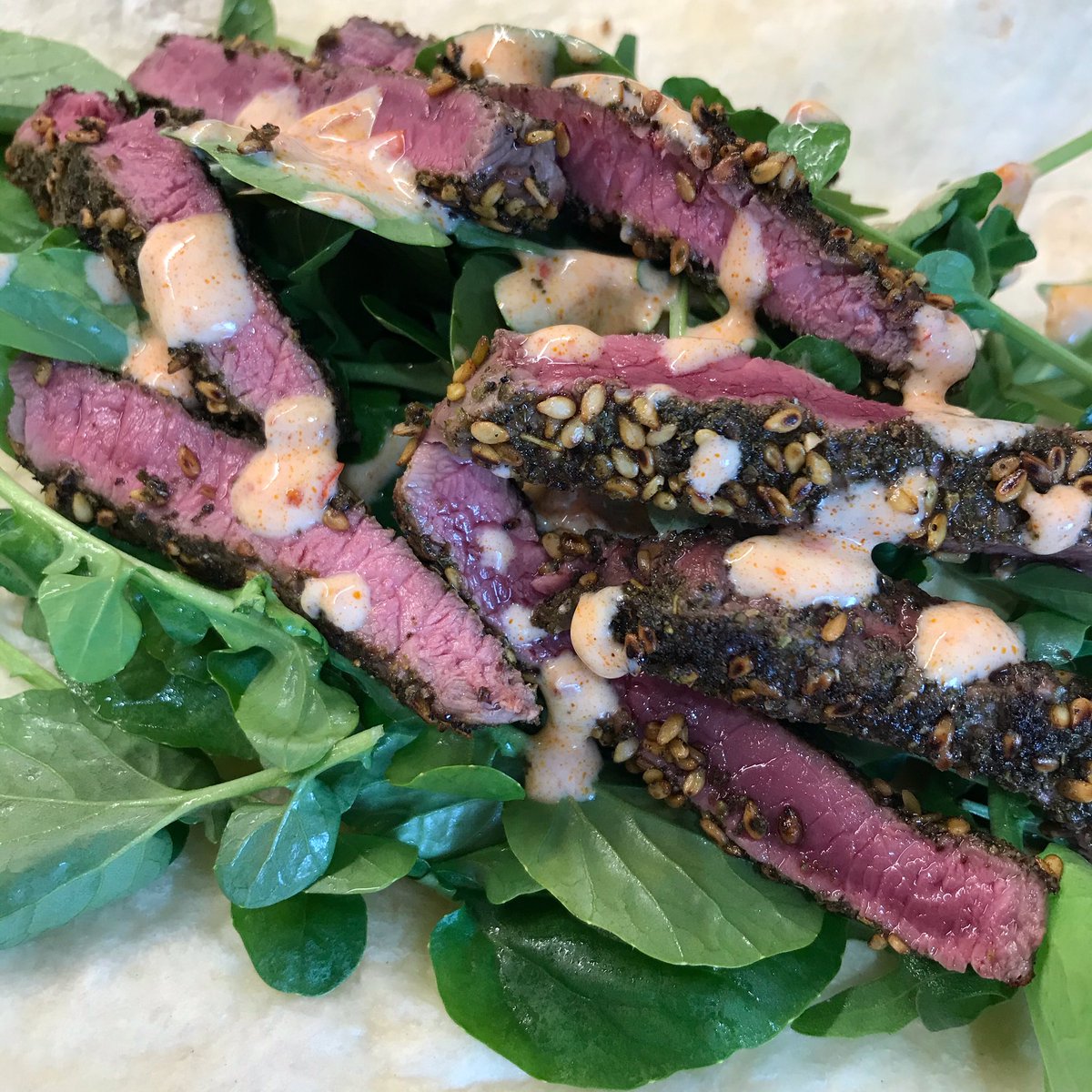 Deliciously healthy lunch today! Za’atar crusted Fallow Loin with Harissa yogurt dressing! 💥 #venison #zaatar #harissa #healthyfood #yum #eatmoregame #tastyfood #fallow
