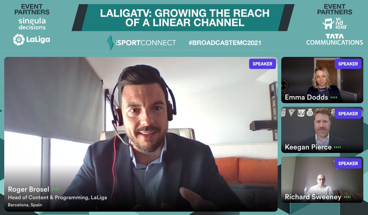 iSportconnect's tweet photo. ⚽️ A great second panel of the day featuring Richard Sweeney of Premier Sports and Keegan Pierce and Roger Brosel of LaLiga, moderated by Emma Dodds

Here we heard a new look into how LaLiga is growing the reach of their linear channel, LaLigaTV...
#Media #Broadcast #eMasterclass https://t.co/W9slxgTOjT