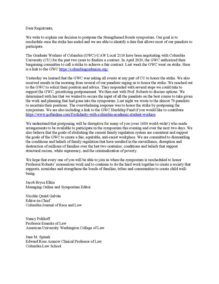 ColumJRaceL's tweet photo. We our postponing our Volume 11 Symposium in support of the ongoing @GWCUAW strike. Please find the statements we have sent to registrants and the Columbia Law School attached. Please donate to the hardship fund if you are able: https://t.co/zCYbonFExi. https://t.co/CKU19Bpdso