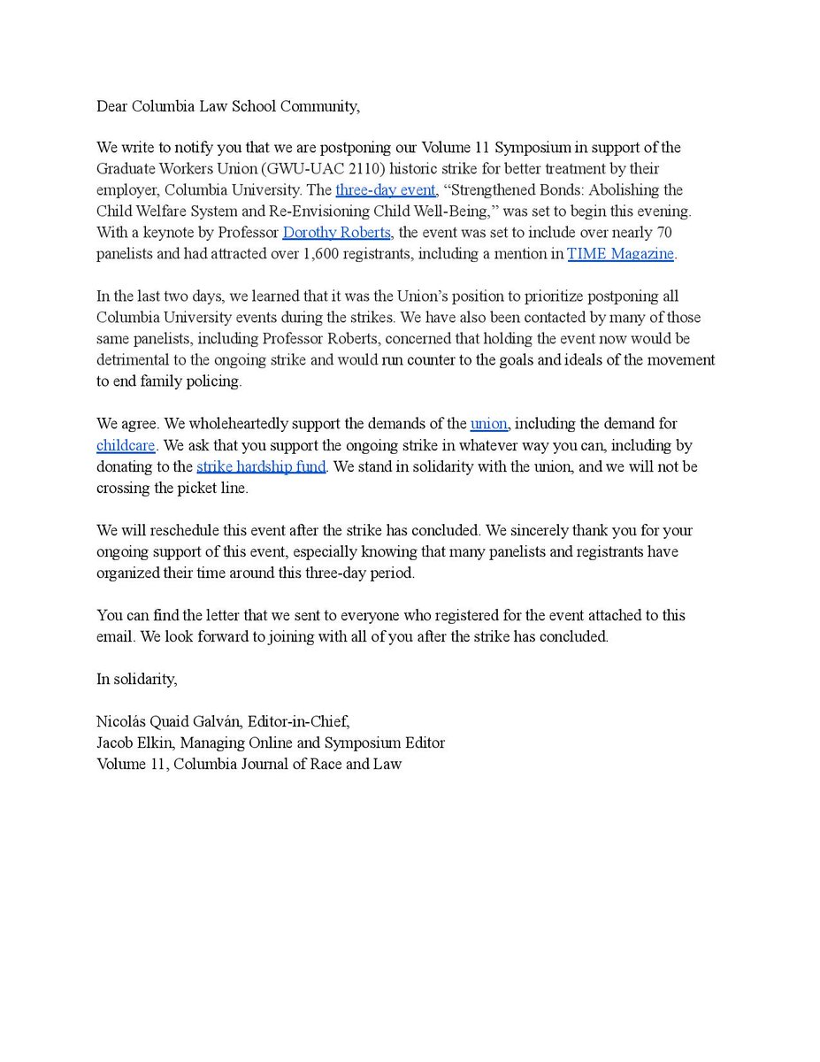 ColumJRaceL's tweet photo. We our postponing our Volume 11 Symposium in support of the ongoing @GWCUAW strike. Please find the statements we have sent to registrants and the Columbia Law School attached. Please donate to the hardship fund if you are able: https://t.co/zCYbonFExi. https://t.co/CKU19Bpdso