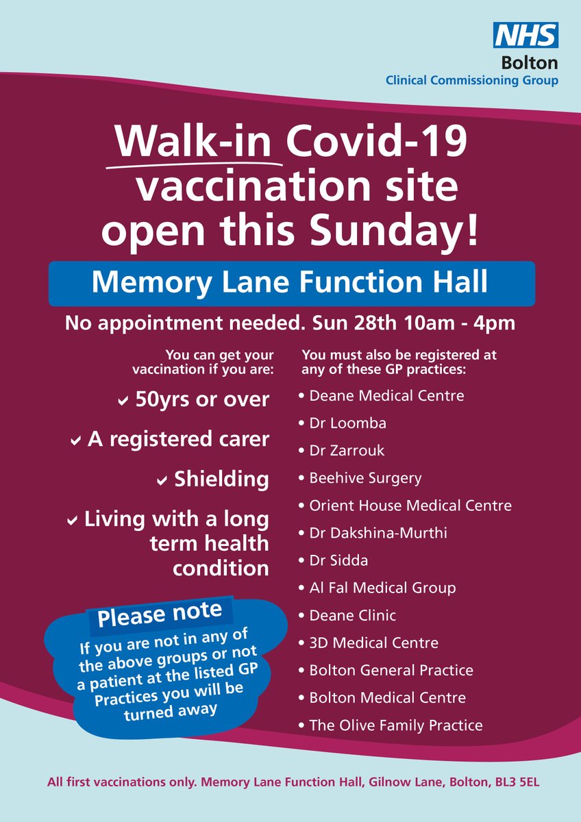 Bolton_HCP's tweet photo. Bolton is holding its first walk-in Covid-19 vaccination service this Sunday, March 28, between 10am and 4pm.
The walk-in clinic at Memory Lane Function Hall, Gilnow Lane is open to people who fit certain criteria.
@GM_HSC @NHSNW https://t.co/9LTlRYQBDC