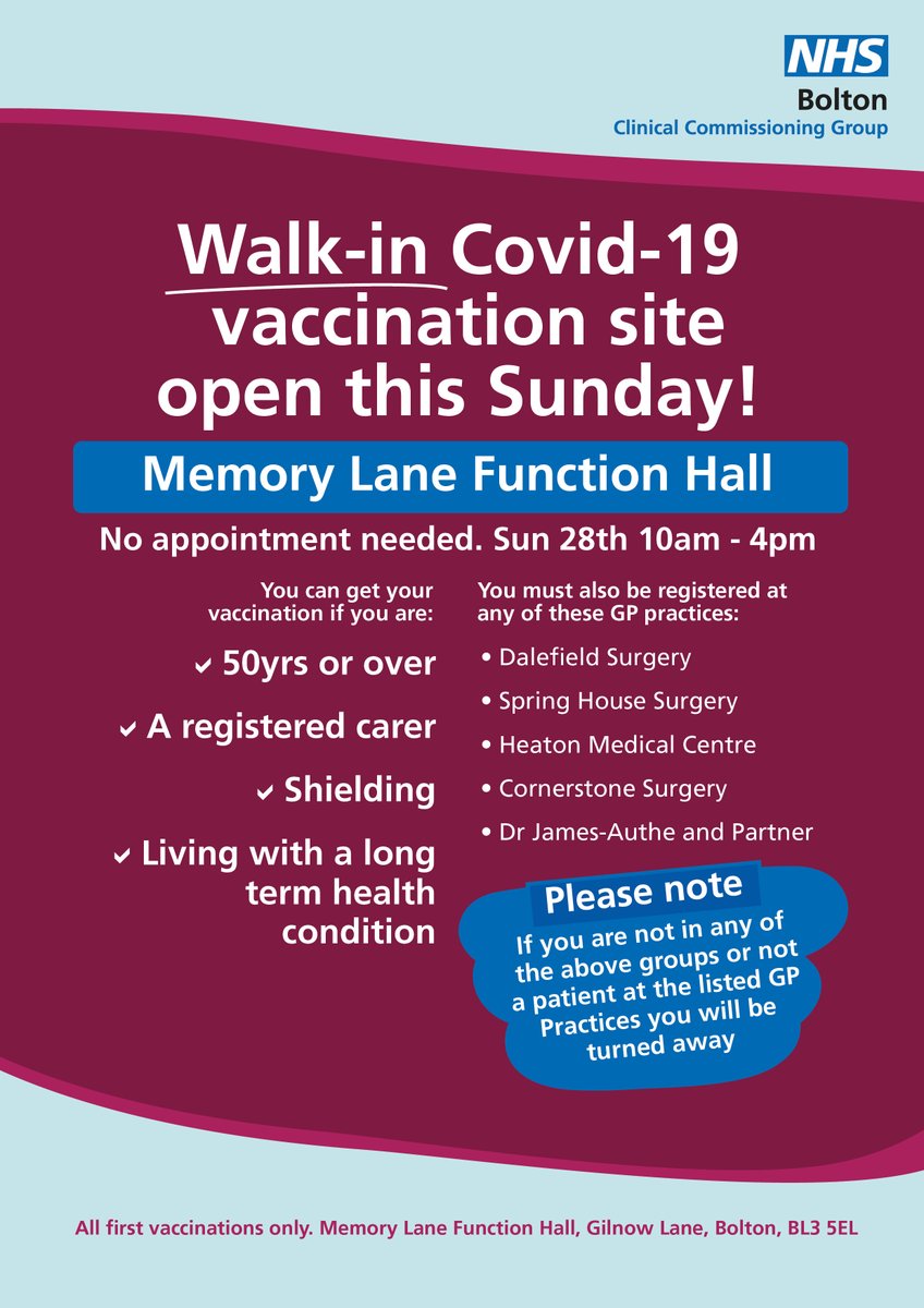Bolton_HCP's tweet photo. Bolton is holding its first walk-in Covid-19 vaccination service this Sunday, March 28, between 10am and 4pm.
The walk-in clinic at Memory Lane Function Hall, Gilnow Lane is open to people who fit certain criteria.
@GM_HSC @NHSNW https://t.co/9LTlRYQBDC