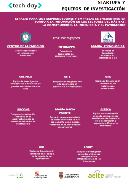 UBUemplea's tweet photo. #Emprendimiento_UBU / Startups y Grupos de Investigación de la Universidad de Burgos que participarán en el "TECH DAY" de mañana 26/03/2021 para la presentación de soluciones innovadoras para las entidades del CLÚSTER AEICE
Más información: https://t.co/NTMN0Xy0lk https://t.co/4WKe5ELkLh
