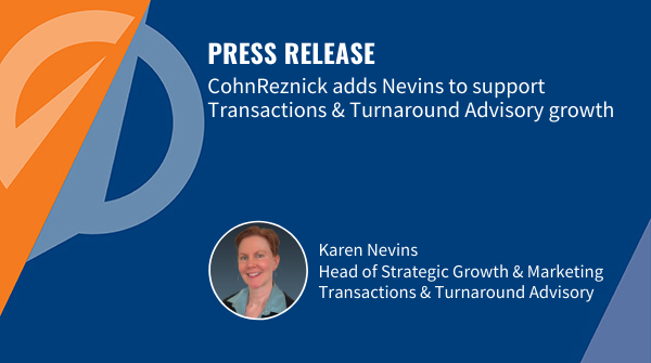 CohnReznick's tweet photo. We're excited to share that Karen Nevins has joined the firm as Head of Strategic Growth and Marketing for our Transactions and Turnaround Advisory Practice.  https://t.co/yzmf5LyWG3 https://t.co/LjvwN36WI8