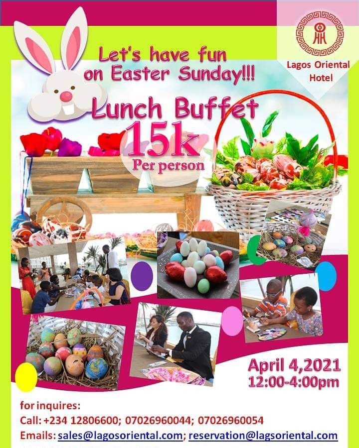 OrientalLagos's tweet photo. Join us for a happy-memory-making as we 
paint some eggs, have fun egg-hunting and dance to the music with family and friends...

For inquiry please call +23412806600, 07026960044, 07026960054. 
Or email us: reservation@lagosoriental.com,  sales@lagosoriental.com https://t.co/ldyTolcc7r