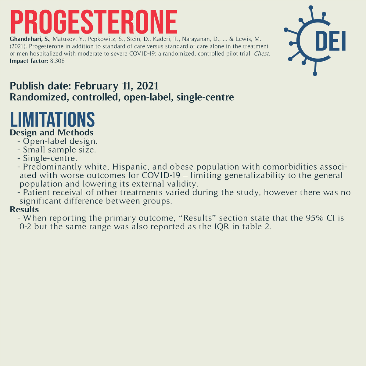 Covid19_DEI's tweet image. Our PICO, appraisal, and limitations for this trial looking at #progesterone plus standard of care vs. standard of care for #COVID19 treatment.

#RCT #MedTwitter #TwitteRx #clinicatrial #NurseTwitter #IDtwitter #pharmacyschool #pharmacystudent #evidencebasedmedicine #CovidRx