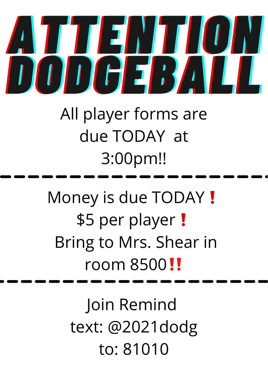 stucoRCHS's tweet photo. ATTENTION DODGEBALL🔴🔴

3 things are due today at 3!!
1. All player forms 📝
2. $5 per player 💰
3. join the remind!! 🚨 https://t.co/v1NNTvPISx