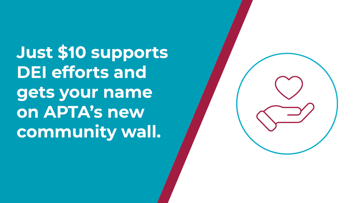 LAST CHANCE: Donate at least $10 toward our fundraising campaign to support diversity, equity, and inclusion and your name will be etched into APTA's Community Wall at our national headquarters. You must act by March 31 to be included on the wall! bit.ly/2CG0mcw